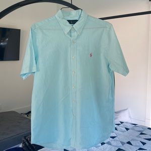 Ralph Lauren short sleeve Seersucker shirt teal and white with pink horse